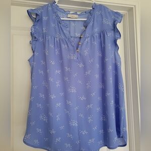 Loft Outlet Blue/White Floral Sleeveless Ruffle Neck Gold Button Shirt- XL